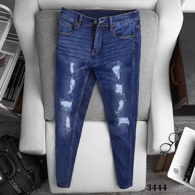 Mid Blue Mustache Ripped Jeans - 3444