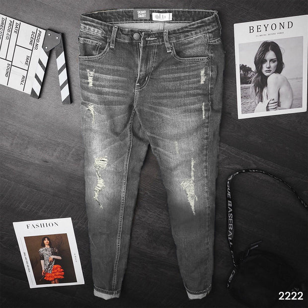 Grey Faded Ripped Denim Jeans - 2222